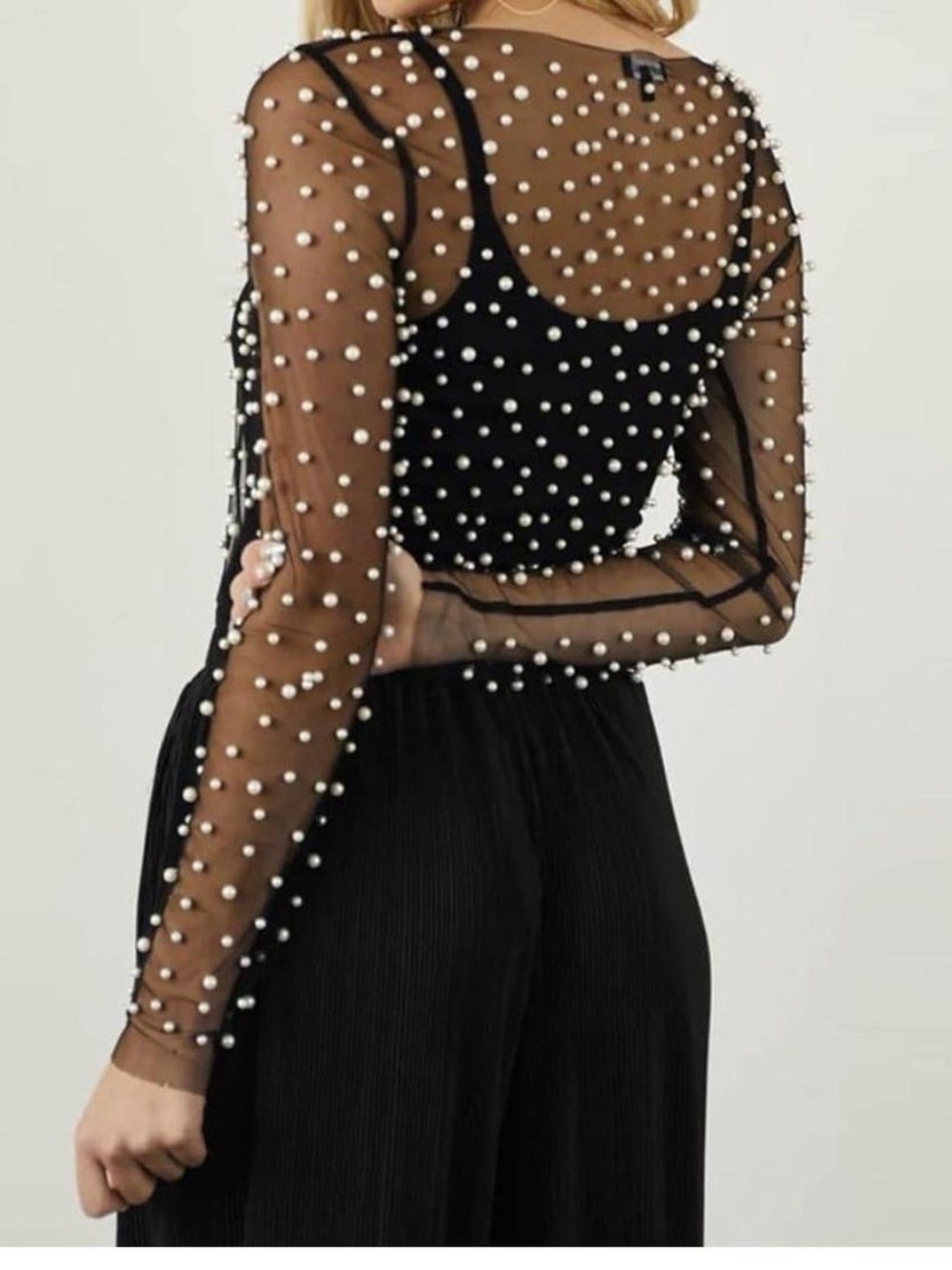 Free Kisses Black Mesh Pearl-Accent Top